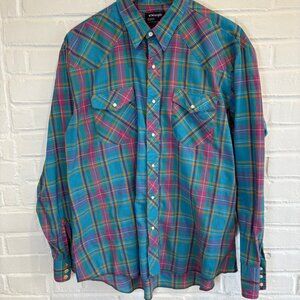 Vintage 90s Wrangler Western Snap Button Cowboy Shirt Plaid Men's XL